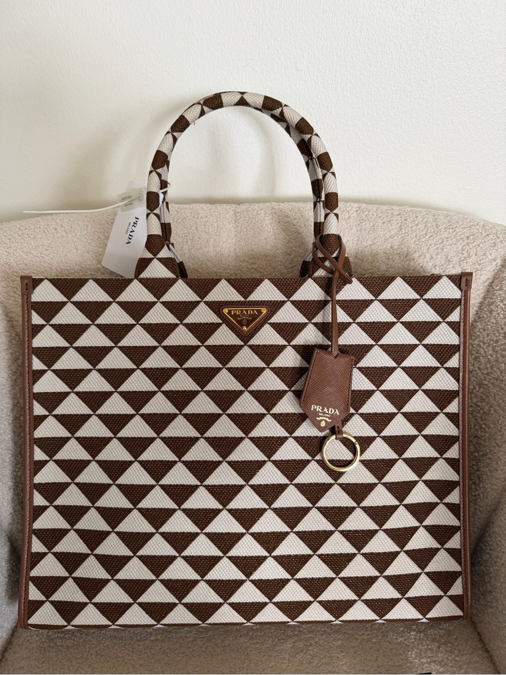 Prada Large Triangle Jacquard Canvas Shopping Tote Brown Ivory NWT Made In Italy